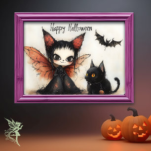 Happy Halloween Fairy & Cat   Niedlich Spooky Wall Poster