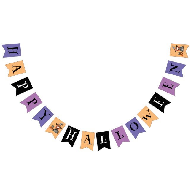 Happy Halloween | Farbenfrohe Hexe und schwarze Ka Wimpelkette (Alle)