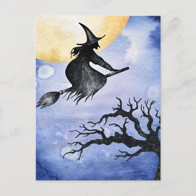 Happy Halloween Flying WItch Gruß Postkarte (Vorderseite)