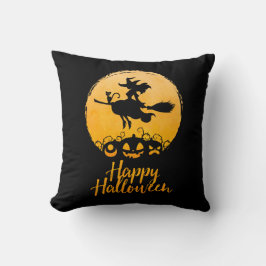 Happy Halloween Flying Witch mit Cat und Pumpkins Kissen
