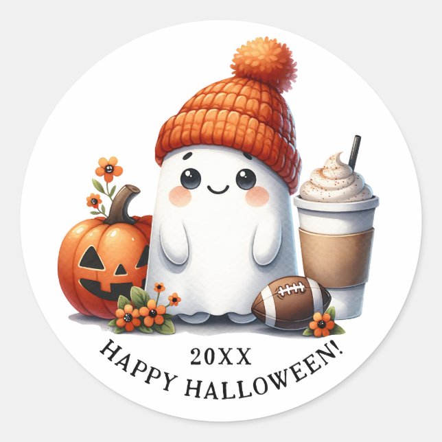 Happy Halloween Football Theme Ghost Runder Aufkleber (Vorderseite)