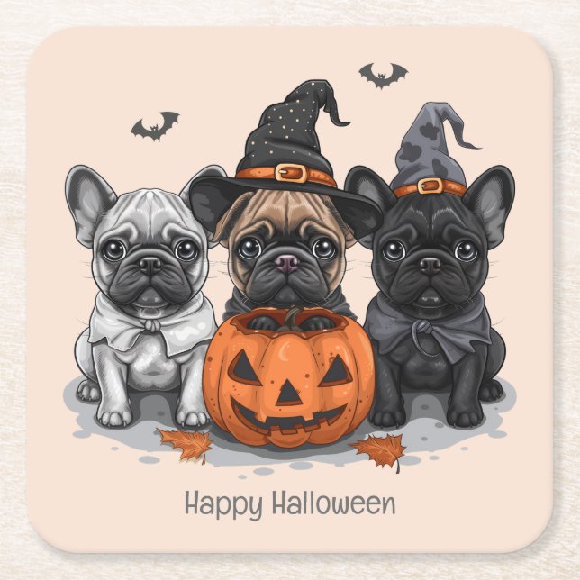Happy Halloween French Bulldogs Rechteckiger Pappuntersetzer (Vorderseite)