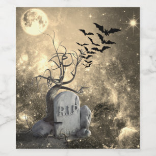 Happy Halloween Friedhof Fledermäuse Vollmond RIP Weinetikett