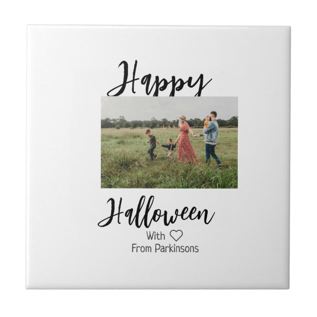 Happy Halloween fügen Familienname Foto schwarz Fliese (Vorderseite)