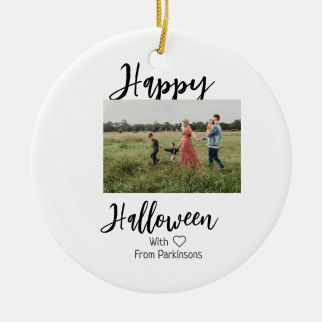 Happy Halloween fügen Familienname Foto schwarz Keramik Ornament (Vorne)