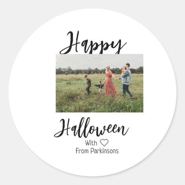 Happy Halloween fügen Familienname Foto schwarz Runder Aufkleber (Vorderseite)