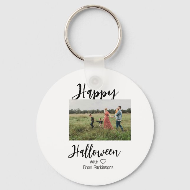 Happy Halloween fügen Familienname Foto schwarz Schlüsselanhänger (Vorderseite)
