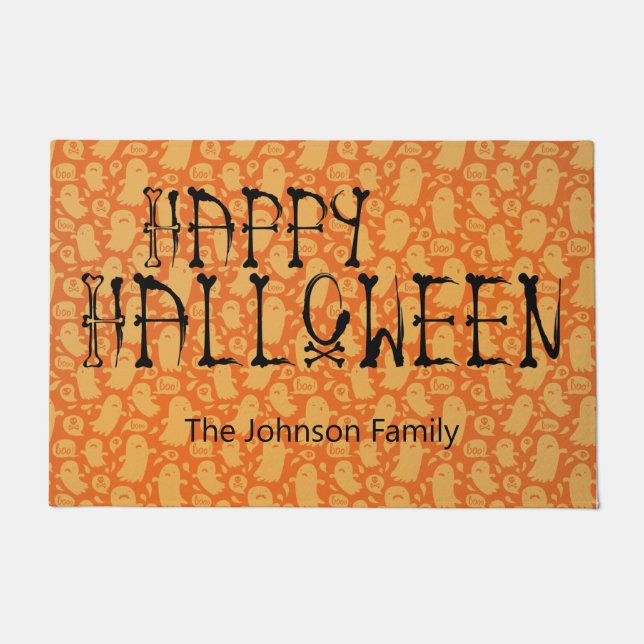 Happy Halloween Fügen Sie Ihren Namen Orange Black Fußmatte (Vorderseite)