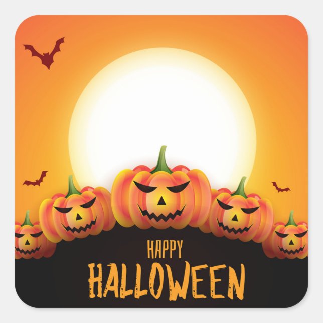 Happy Halloween (Full Moon and Pumpkins) Quadratischer Aufkleber (Vorderseite)