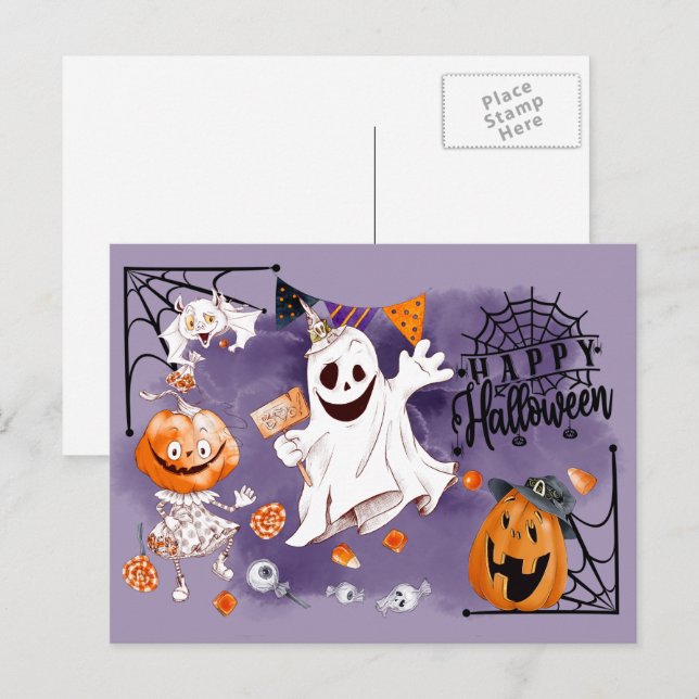 Happy Halloween. Fun Ghost, Jack O'Lantern Postkarte (Vorne/Hinten)