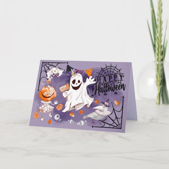 Happy Halloween. Fun Ghost, Pumpkin Girl, Raven Karte (Vorderseite)
