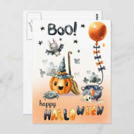 Happy Halloween. Fun Jack O'Lantern und Little Bat Postkarte