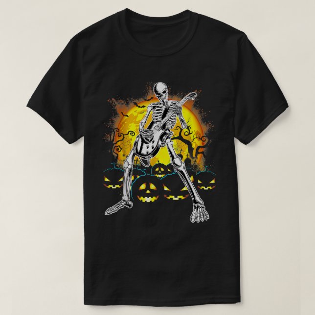 Happy Halloween Funny Skeleton Playing Gitarrenpum T-Shirt (Design vorne)