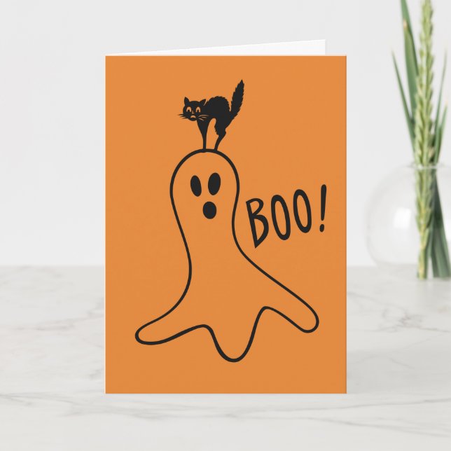 Happy Halloween Ghost Black Cat Niedlich Orange Karte (Vorderseite)
