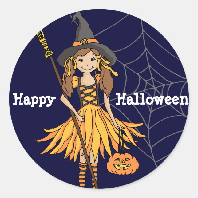 Happy Halloween Girls niedlich Hexenkleber Runder Aufkleber (Vorderseite)