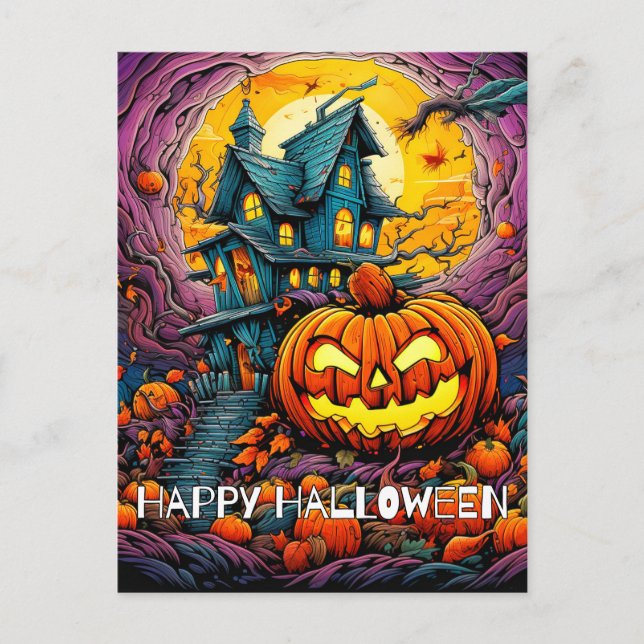 Happy Halloween | Glühender, fehlerhafter Pumpkin Postkarte (Vorderseite)
