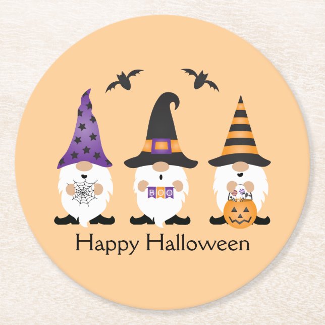 Happy Halloween Gnomes Lila Orange Runder Pappuntersetzer (Vorderseite)