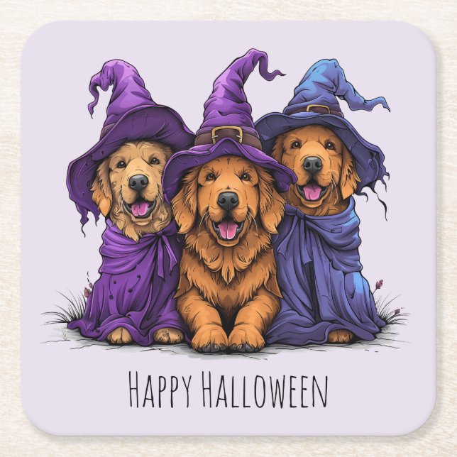 Happy Halloween Golden Retriever Hunde Hexen Rechteckiger Pappuntersetzer (Vorderseite)