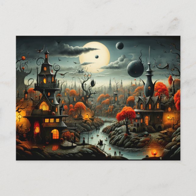 Happy Halloween | Gotische Spuk Landschaft Postkarte (Vorderseite)