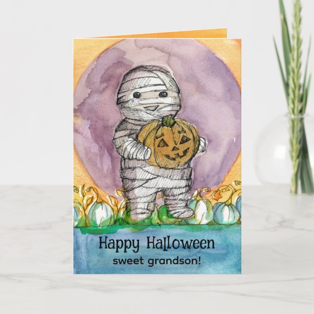 Happy Halloween Grandson Mummy Pumpkins Karte (Vorderseite)