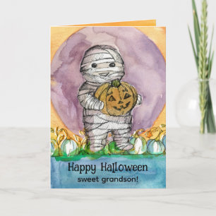 Happy Halloween Grandson Mummy Pumpkins Karte