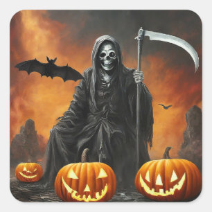 Happy Halloween - Grim Sensenmann Carved Pumpkin Quadratischer Aufkleber