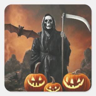 Happy Halloween - Grim Sensenmann Carved Pumpkin Quadratischer Aufkleber