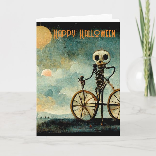 Happy Halloween Grußkarte Skelett Fahrrad Feiertagskarte (Vorderseite)