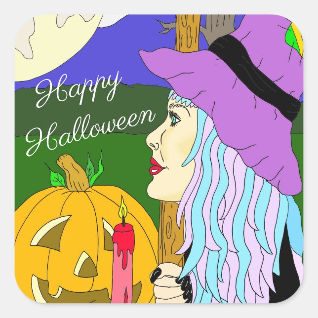 Happy Halloween Hand gezogen Hexe und Vollmond Quadratischer Aufkleber (Vorderseite)