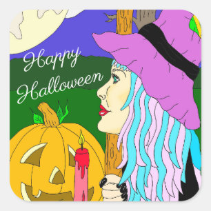 Happy Halloween Handgezeichnete Hexe und Vollmond Quadratischer Aufkleber
