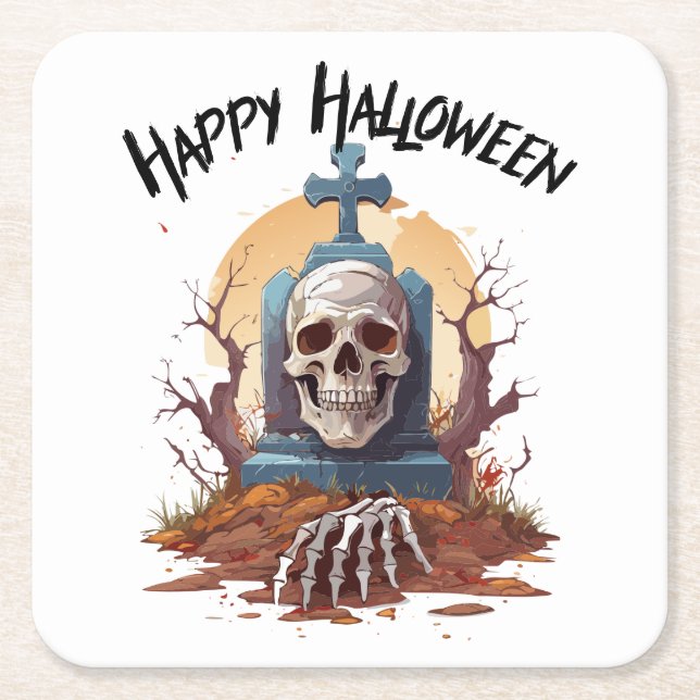 Happy Halloween Head Stone and Skeleton Rechteckiger Pappuntersetzer (Vorderseite)
