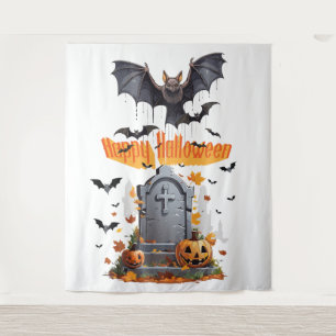Happy Halloween Head Stone and Vampire Bats Wandteppich