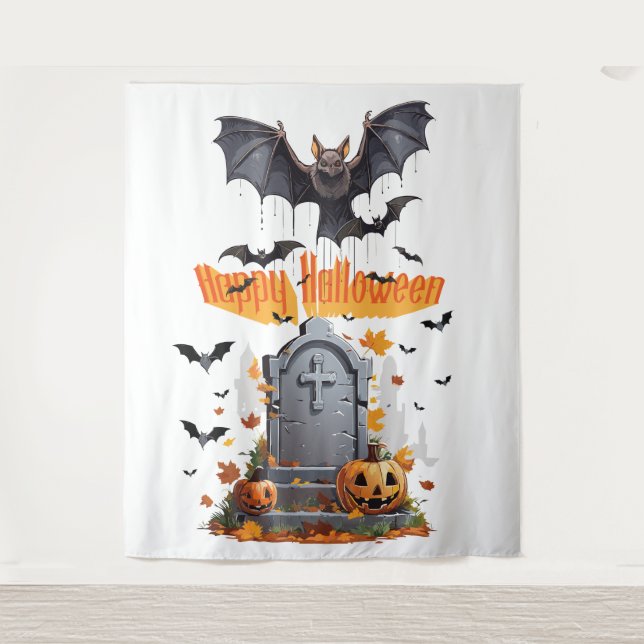 Happy Halloween Head Stone and Vampire Bats Wandteppich (Vorderseite)