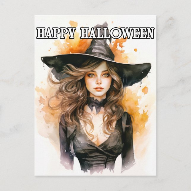 Happy Halloween | Herbst-Hexendarstellung Postkarte (Vorderseite)