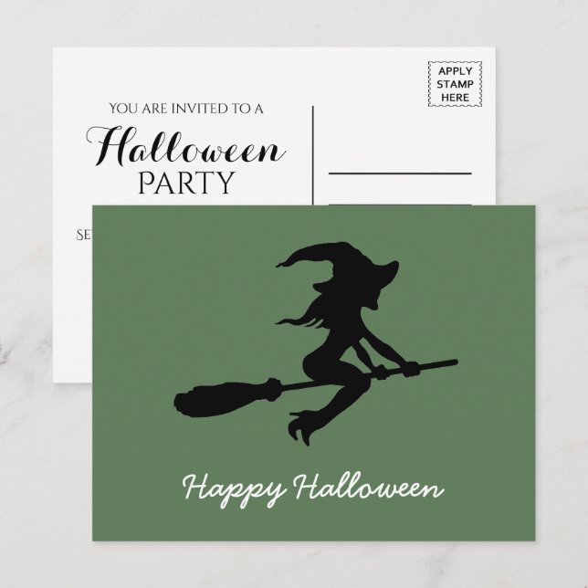 Happy Halloween, Hexe auf Broomstick Einladungspostkarte (Vorne/Hinten)