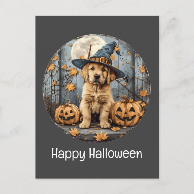 Happy Halloween Hexe Golden Retriever Dog Pumpkin Postkarte (Vorderseite)