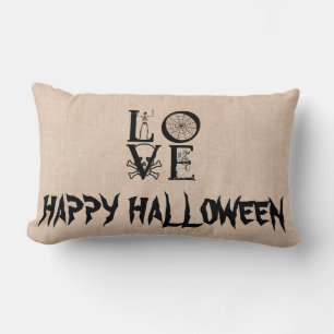 Happy Halloween Hexe mit ihrem Broom Burlap Throw Lendenkissen