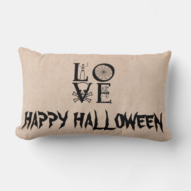 Happy Halloween Hexe mit ihrem Broom Burlap Throw Lendenkissen (Vorderseite)