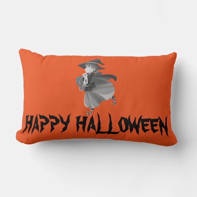 Happy Halloween Hexe mit ihrem Broom Orange Throw Lendenkissen (Vorderseite)