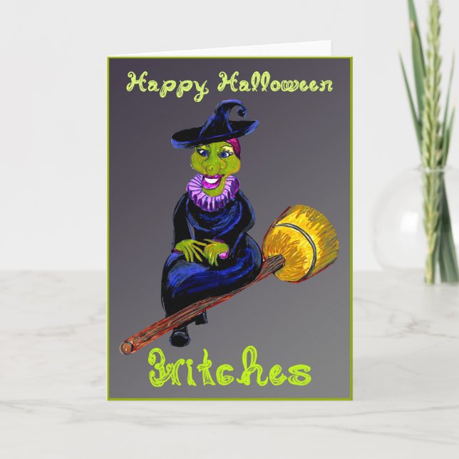 Happy Halloween Hexen auf Broomstick Karte (Vorderseite)