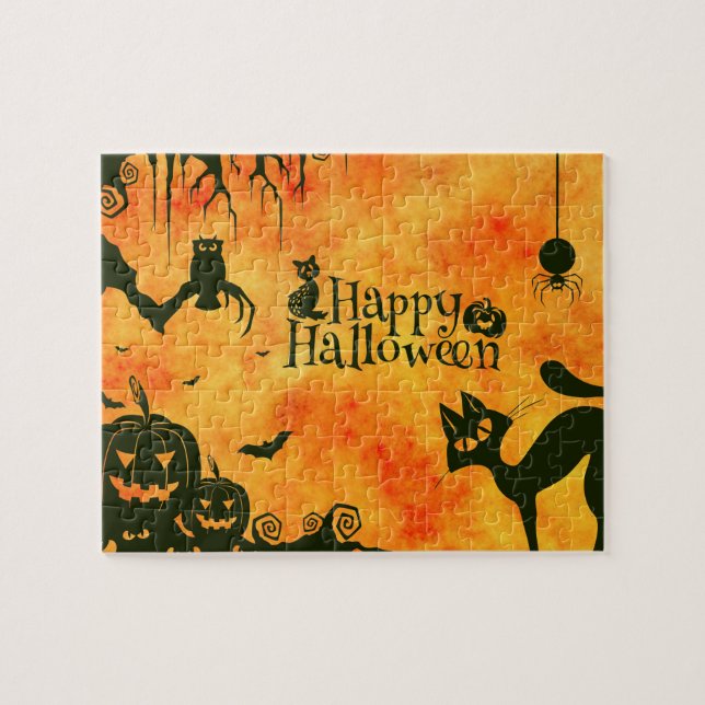 Happy Halloween Hexen Cats Spiders Owls Pumpkins (Horizontal)
