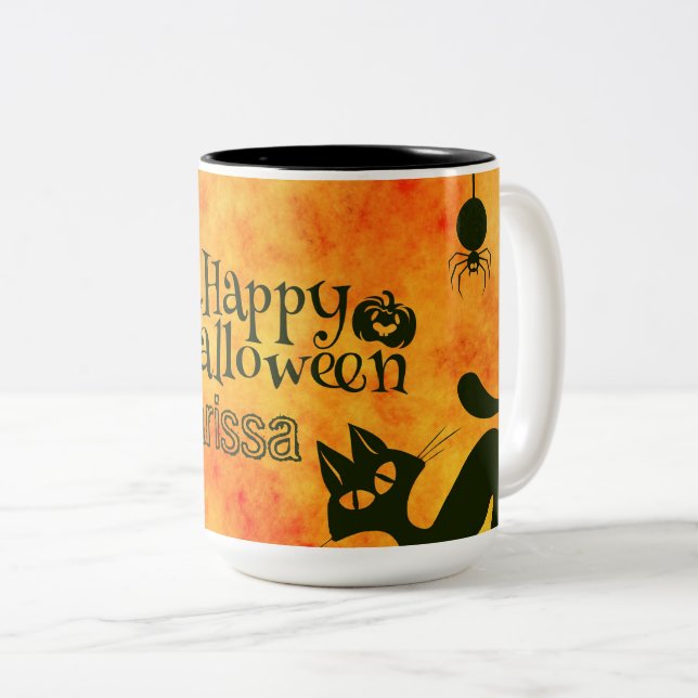 Happy Halloween Hexen Cats Spiders Owls Pumpkins Zweifarbige Tasse (VorderseiteRechts)