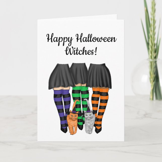 Happy Halloween Hexen - Hexen und zwei Katzen Karte (Vorderseite)