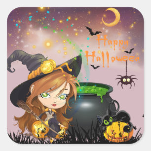 Happy Halloween Hexenbraun und Pumpkins Quadratischer Aufkleber