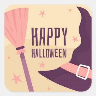 Happy Halloween Hexenhut und Broom Quadratischer Aufkleber