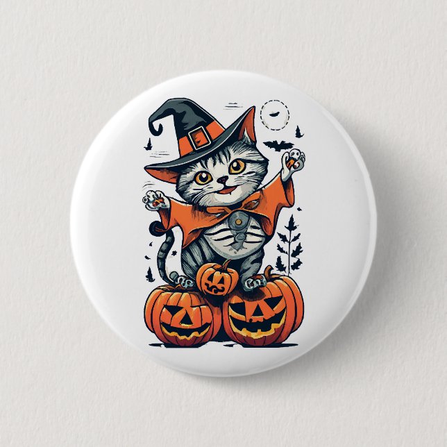 Happy Halloween Hexenkatze Button (Vorderseite)