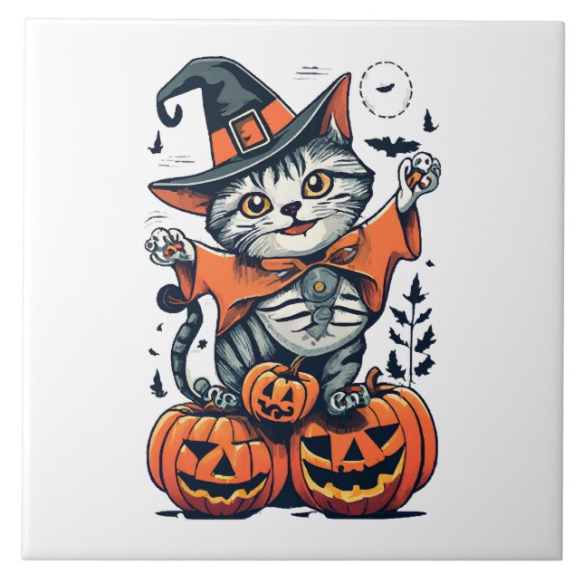 Happy Halloween Hexenkatze Fliese (Vorderseite)