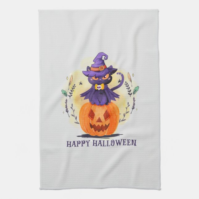 Happy Halloween - Hexenkatze Geschirrtuch (Vertikal)