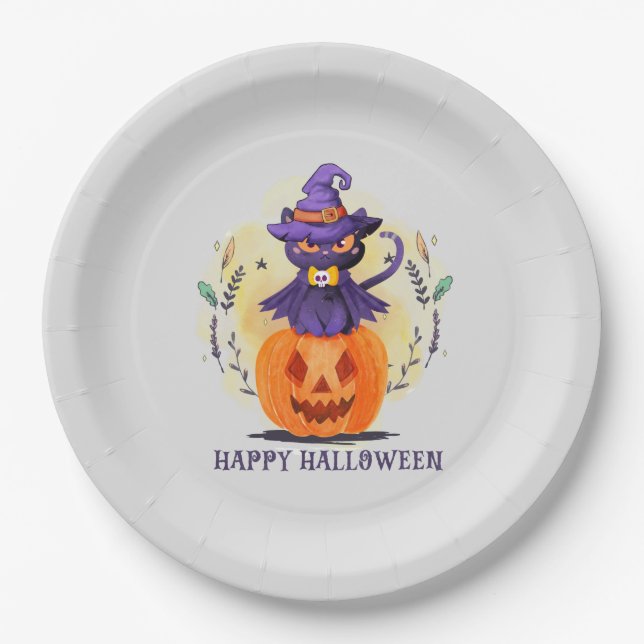 Happy Halloween - Hexenkatze Pappteller (Vorderseite)