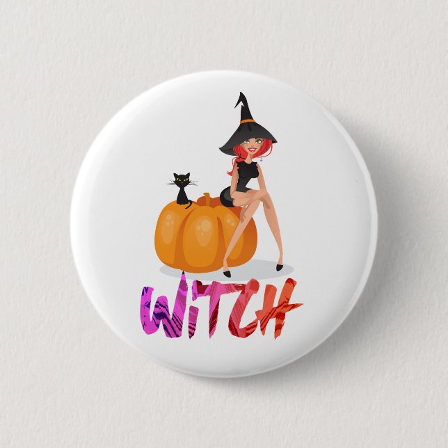 Happy Halloween Hexenwerk auf Pumpkin Button (Vorderseite)